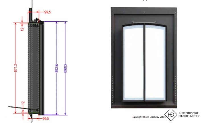 Historische Dachfenster 0 Eisen, Scharniere Edelstahl, Oberfläche: verzinkt, pulverbeschichtet schwarz  RAL 9005 Oxyplast µm